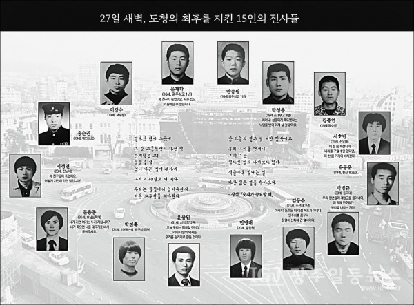 죽음으로 도청을 지키려했던 15인의 열사, 40년 동안. 제대로 불리지 못했던 이름…문재학, 안종필, 박성용, 김종연, 서호빈, 유동운, 박병규, 김동수, 민병대, 윤상원, 박진흥, 문용동, 이정연, 홍순권, 이강수 열사이다.