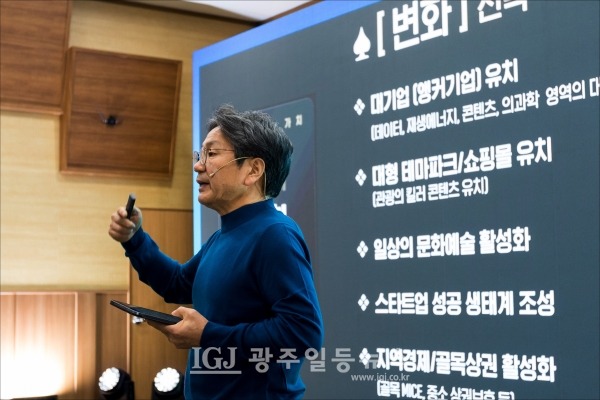 지난해 12월 강기정 전 청와대 정무수석이 광주시민 1,264명이 참여한 인뎁스 조사 발표에서 시민이 원하는 광주 변화 중 하나로 '쇼핑몰 유치'를 이야기하고 있다.