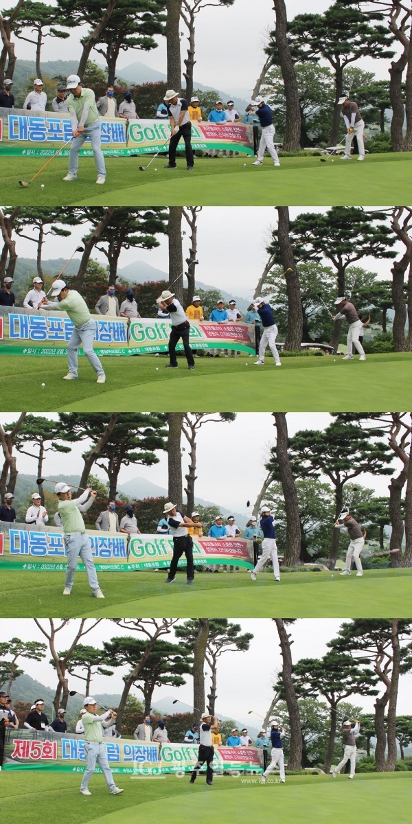 제5회 대동포럼의장배 골프대회 세 번째 시타 연속 동작. 선태무‧윤광국‧최병근‧강성용 동문이 시타를 하고 있다.
