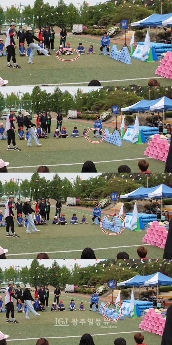 임곡초등학교가 개교 100주년 기념 봄 운동회를 열었다. 사진은 발로 신발 던져 블록 깨기에서 발군의 실력을 보여준 엄마의 모습.