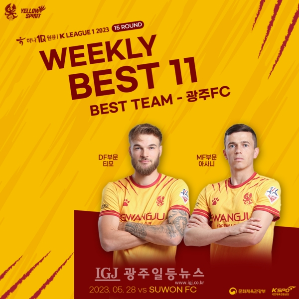광주FC가 15라운드 최고의 팀에 선정되었고, 티모와 아사니 선수가 주간 베스트11에 선정됐다.