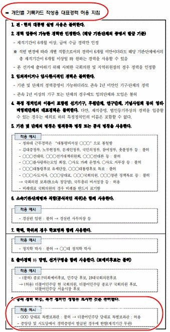 ‘개인별 기록카드’ 시스템 입력에 적용된 ‘개인별 기록카드 작성용 대표경력 허용지침’ (자료 출처 : 더불어민주당 홈페이지)