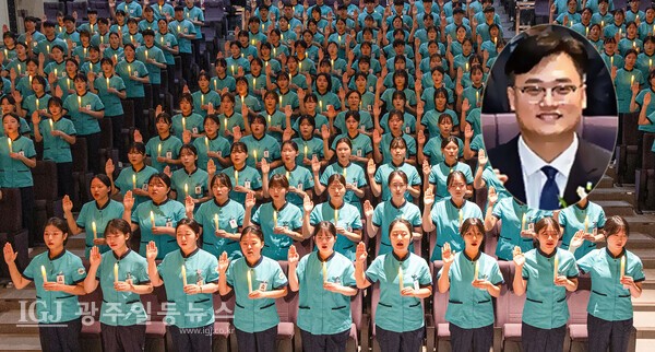 ​김동진 광주대학교총장은 나이팅게일 선서식에서 "간호학과 학생들이 우리 사회의 건강한 등불이 되어 주길 바란다."고 말했다.(원사진-김동진 광주대학교총장) 광주대학교 학생들이 나이팅게일 선서를 하고 있다.