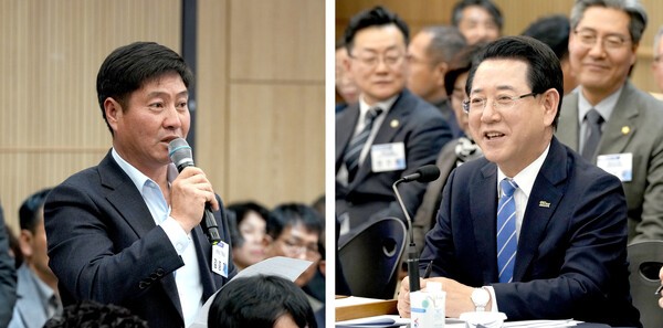 김영록 전라남도지사가 20일 해남군청 대회의실에서 열린 ‘해남군 정책비전 투어’ 행사에서 정책현안에 대한 토론을 주재하고 참석자들의 정책제안 및 건의 등에 대한 질문에 답변을 하고 있다.