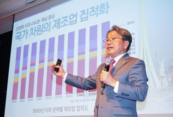 강기정 광주광역시장이 지난 5일 오전 서울 신라호텔에서 열린 ‘제10회 서울미래컨퍼런스’에 참석해 '대한민국 AI 3강 AI 실증도시 광주'를 주제로 기조연설을 하면서 국가 NPU 컴퓨팅센터 설립을 제안하고 있다.